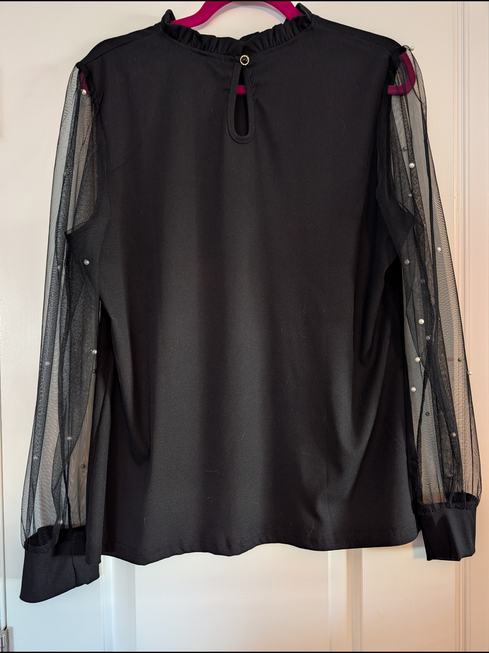 Black Mock Neck Blouse With Sheer Pearl-Sleeve Size XL NWT - Picture 12 of 13